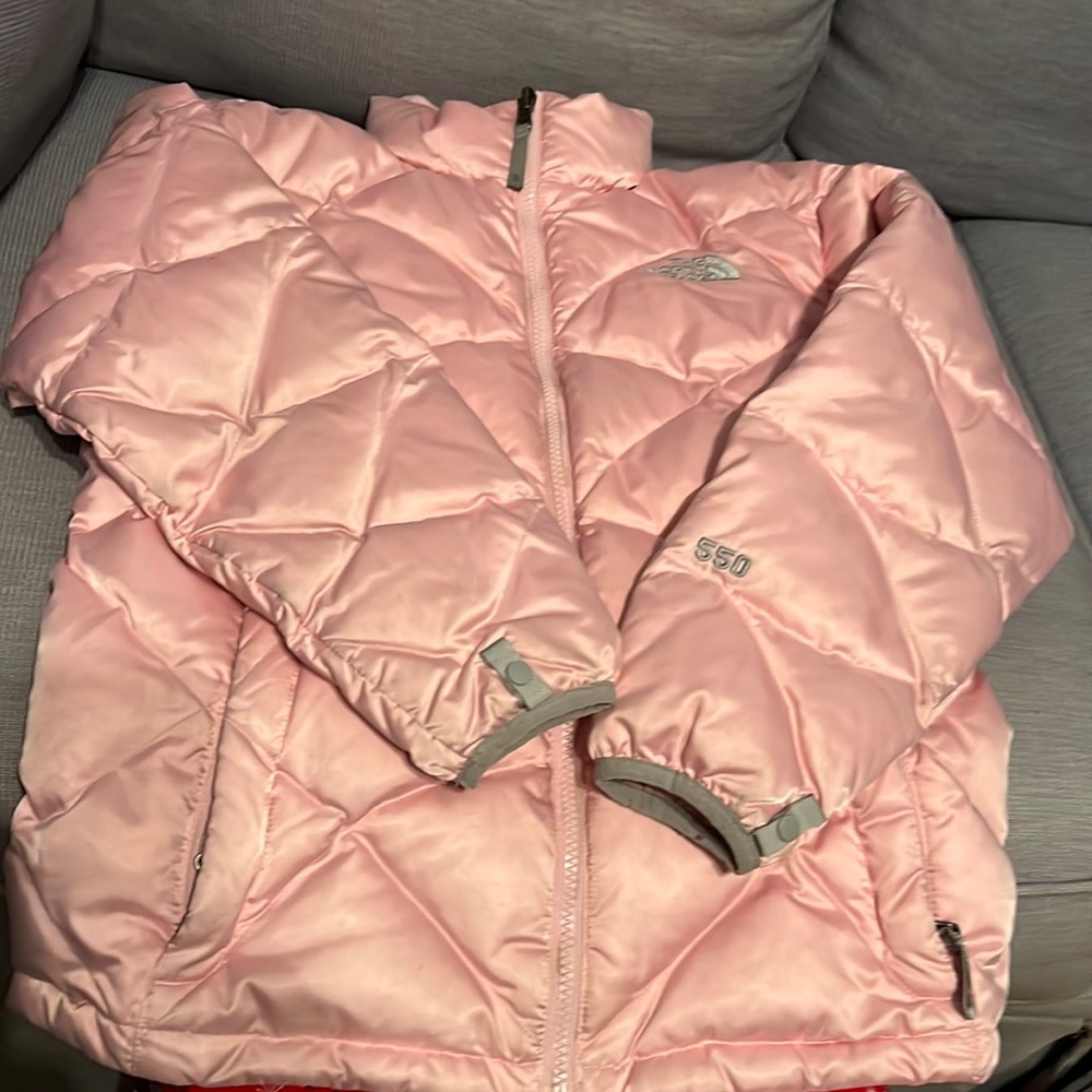 Girls North Face pink satin puffer jacket